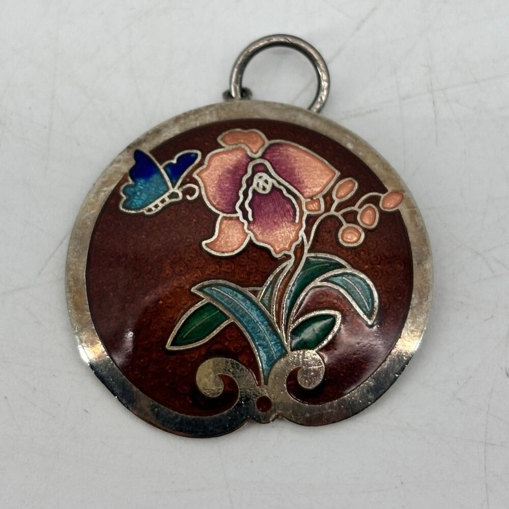 Vintage SITI Cloisonné Enamel Floral Pendant Charm Orchid & Butterfly Design